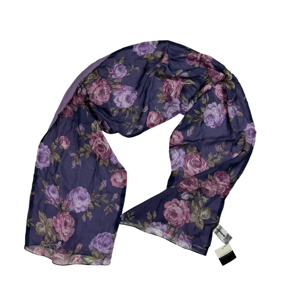 Liz Claiborne Vintage Cottagecore Romantic Womens Oblong Scarf Purple 100% Silk